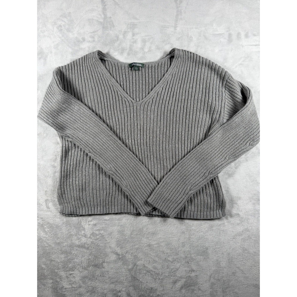 Wild Fable Women L Gray Ribbed Knit V-Neck Sweater Long Sleeve Cotton Blend